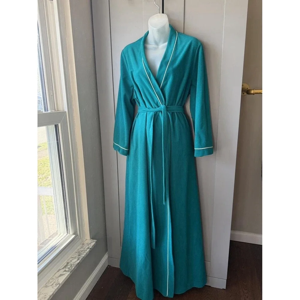 Vintage 70s Vanity Fair Teal Glam Robe Loungewear Size Large Luxury